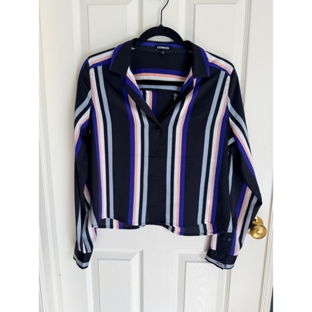 Express Women Black Striped Button Down Blouse Long Sleeve Notched Collar M